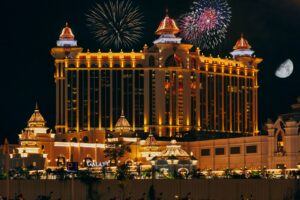 Modern luxury hotel exterior at night illustrating hotel tax benefits for accredited investors